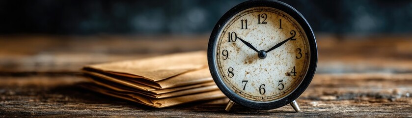 Hourly earnings and minimum standard with wage concerns concept. Vintage clock on wooden table with aged envelopes, symbolizing time.