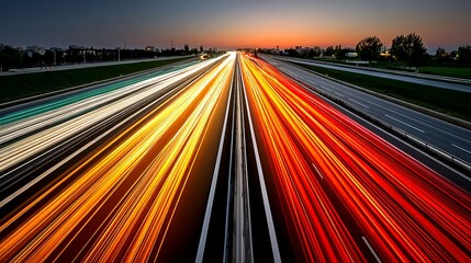 Long exposure of a highway at night with colorful light trails from moving vehicles