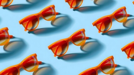 A repeating pattern of orange-tinted sunglasses is laid out on a light-blue surface