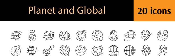 Set of Global Related Line Icons. Leaves, Plane, Eco Outline Signs for Graphic and Web Design, Apps, Adverts, Various Cards