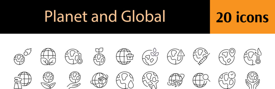 Collection of Global Related Line Icons. Leaves, Plane, Eco Outline Signs for Graphic and Web Design, Apps, Adverts, Various Cards