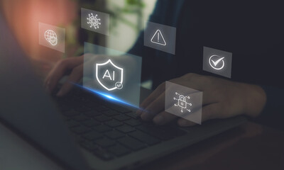 AI Cybersecurity Protection Concept. Hands typing on a laptop with digital icons; artificial intelligence, cybersecurity, data protection and warning signals, secure AI technology and online safety.