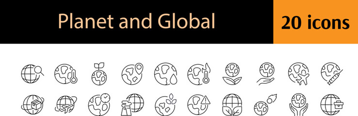Global Line Icon Bundle. Leaves, Plane, Eco Outline Signs for Graphic and Web Design, Apps, Adverts, Various Cards
