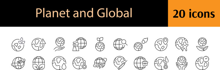 Global Thin Line Icon Set. Leaves, Plane, Eco Outline Signs for Graphic and Web Design, Apps, Adverts, Various Cards