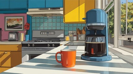 Early brew for caffeine kick and early work coffee concept. Bright kitchen scene with coffee maker and orange coffee mug.