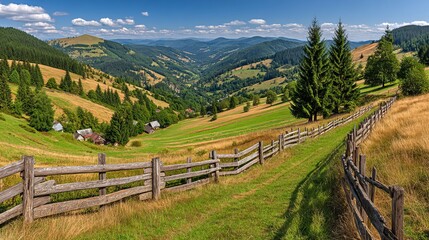 Scenic landscape of rolling green hills with a wooden fence and tall pine trees under a bright blue sky