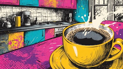 Early brew for caffeine kick and early work coffee concept. Colorful coffee cup splashing in a vibrant kitchen setting.