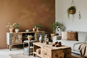 Warm and rustic living room interior with wooden furniture, potted plants, soft lighting, and cozy neutral decor in a peaceful, minimalist style. Eco friendly and inviting atmosphere.