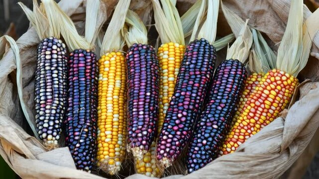 Ears of colorful flint corn with various shades of yellow, purple, red, and orange, displayed on dried corn husks