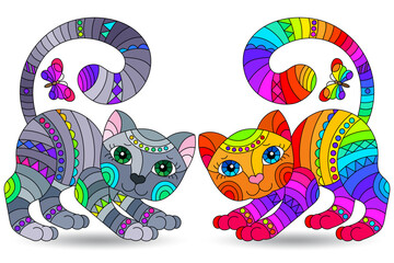A set of stained glass elements with rainbow cats , isolated images on white background