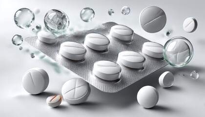 Pill blister pack with floating pills and bubbles