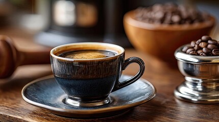 Early espresso with coffee props and caffeine kick concept. A close-up of a cup of coffee with roasted beans in background.