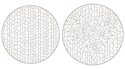 A set of contour illustrations of stained glass Windows with abstract flowers, oval and square images