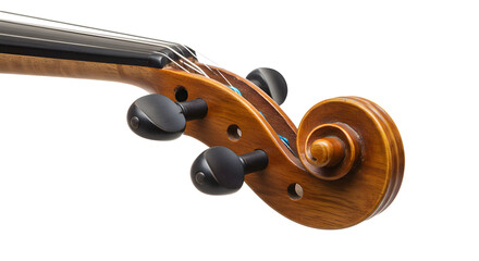 Close-up of a beautifully crafted violin headstock showcasing intricate details, with a blurred background of a music studio