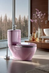 Pink bathroom suite with a view