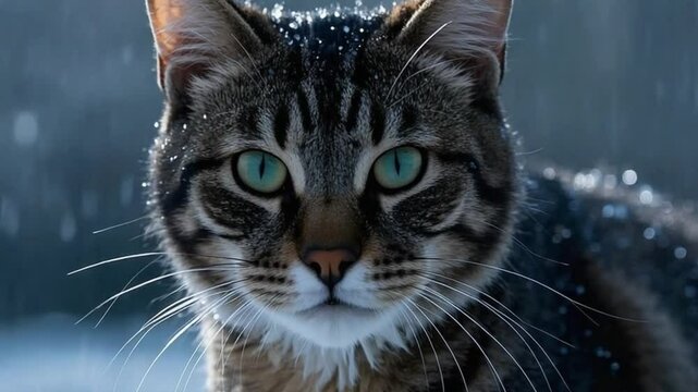 Majestic Tabby Cat Closeup Winter Snow Rain Dramatic Eyes Green Eyes Fur Whiskers Pet Animal Nature Wildlife Cold Weather Moody Atmospheric Serene Calm Peaceful Tranquil