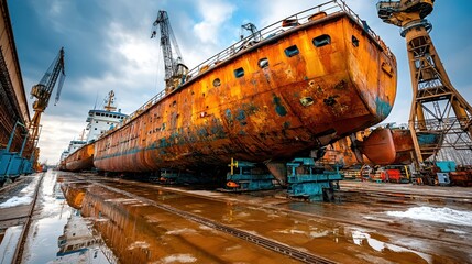 Fototapeta premium Rusty ship being repaired in shipyard dock