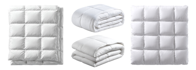 White quilted blankets, folded and unfolded.  Perfect for cozy bedrooms.
