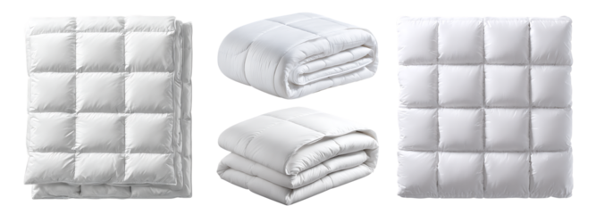 White quilted blankets, folded and unfolded.  Perfect for cozy bedrooms.