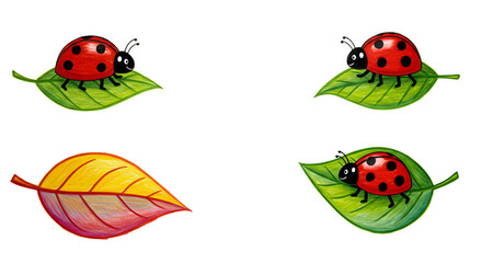 Colorful illustration of ladybugs on vibrant green and yellow leaves, depicting a lively outdoor scene in nature