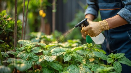 Hand spraying pesticide on green leaves in garden with protective gloves on. Organic Pest Control Methods. concept of pest control and agriculture care