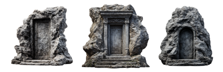 Three stone door designs, rustic, fantasy, game asset