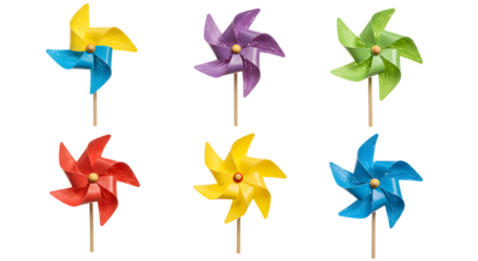 Colorful pinwheels spinning in a gentle breeze, set against a sunny outdoor backdrop, evoking a playful atmosphere