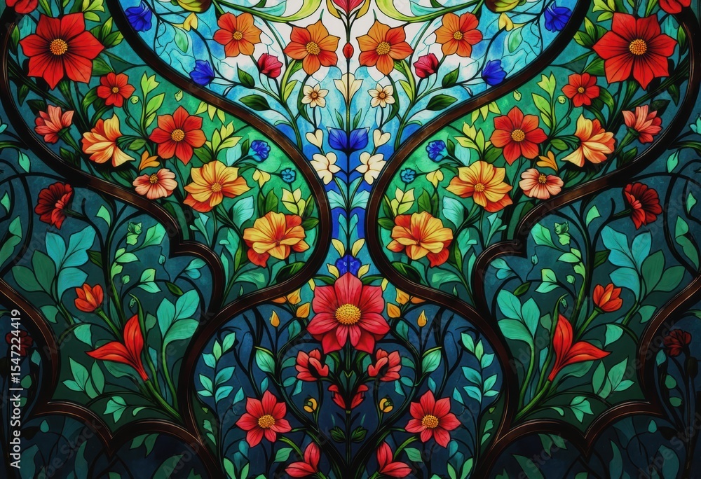 Poster gently overlapping transparent layers of vibrant floral patterns