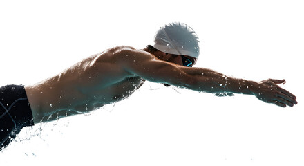Competitive swimmer diving into the pool, showcasing powerful strokes and splashes, with a clear blue background