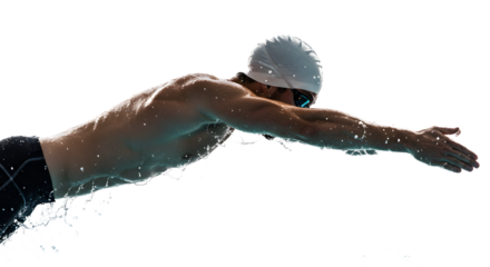 Competitive swimmer diving into the pool, showcasing powerful strokes and splashes, with a clear blue background