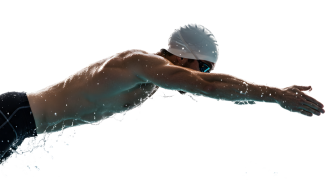 Competitive swimmer diving into the pool, showcasing powerful strokes and splashes, with a clear blue background