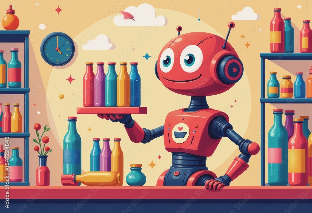 Aufkleber colorful packaging robots arranging multi-colored bottles in a vibrant setting