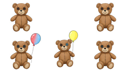 Naklejka premium Five adorable teddy bears with colorful balloons, arranged playfully against a simple background, perfect for children's themes