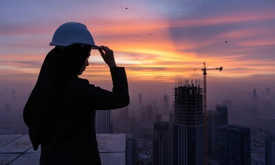 Female Engineer Supervising Construction at Sunset