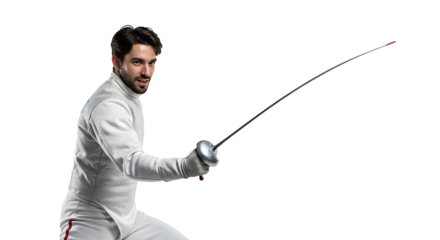 Fencer in action showcasing skill and precision, set against a neutral background, emphasizing movement and focus