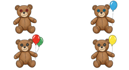 Four adorable teddy bears holding colorful balloons, arranged playfully in a cheerful setting, perfect for children's themes
