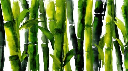 Fototapeta premium Serene green bamboo leaves painting, tranquil nature artwork for peaceful ambiance