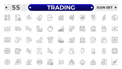 Trading Outline icon set. Containing Bank, Currency Exchange, Cheque, Security Guard, Money Transfer, Loan, Mobile Banking.