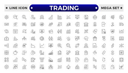 Trading Outline icon set. Containing Bank, Currency Exchange, Cheque, Security Guard, Money Transfer, Loan, Mobile Banking.