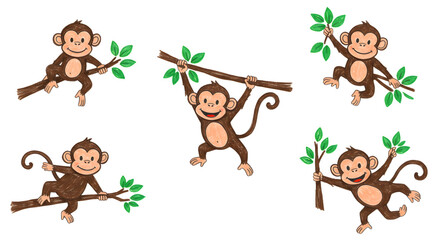 Obraz premium Playful cartoon monkeys swinging on branches with green leaves, showcasing joy and fun in a vibrant jungle setting