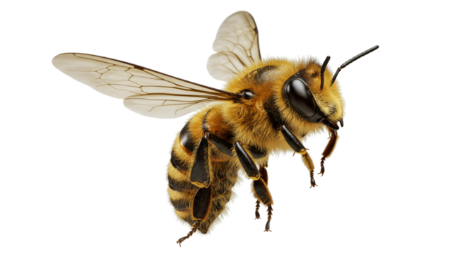 A highly detailed 3D render of a flying honey bee, isolated on a transparent background. This macro-style illustration captures the natural fuzz, intricate wing structure, and vibrant yellow-black bod
