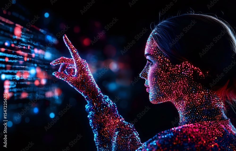Poster glowing red and blue particle effect silhouette of woman pointing forward against dark background wi