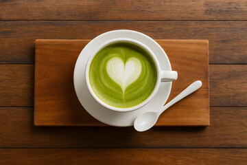Matcha latte with heart latte art on wooden table closeup cozy warm drink