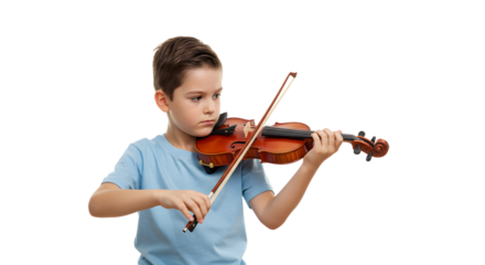 Young boy playing the violin in a focused manner, showcasing talent and dedication, with a plain background emphasizing his concentration