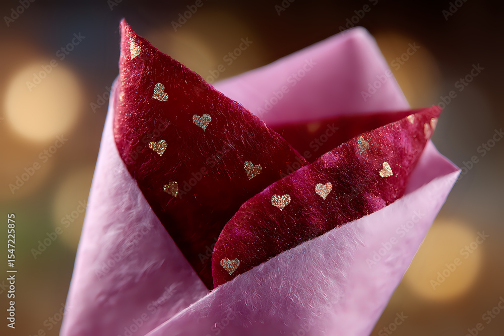 Poster red napkin with golden heart pattern folded in pink wrapper against soft bokeh background, romantic 