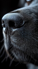 Extreme close-up macro shot of wet black dog nose with detailed texture and whiskers on dark background, highlighting natural moisture and sensory organ structure.
