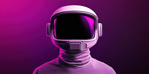 futuristic astronaut in a sleek helmet and suit glows under vibrant purple lighting, symbolizing space exploration and advanced technology.