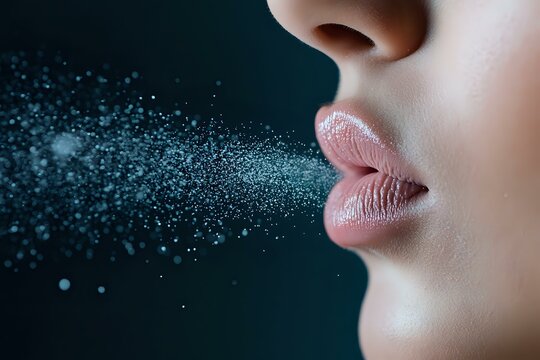 Close up of pink lips exhaling small particles and water droplets against dark background, showing respiratory aerosols in dramatic lighting.