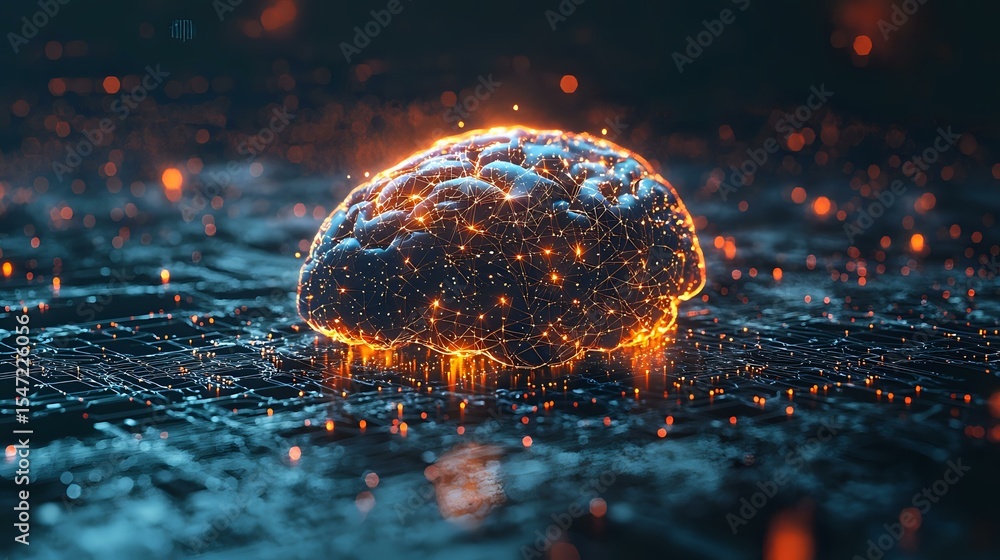 Poster glowing digital brain with orange light particles on dark technological surface, representing artifi