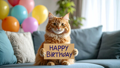 Ginger Cat Holding Happy Birthday Sign on Gray Couch with Colorful Balloons